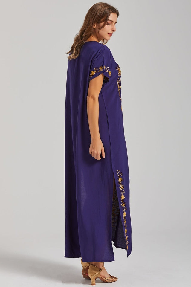 Embroidered V-Neck Short Sleeve Kaftan Maxi Dress 14