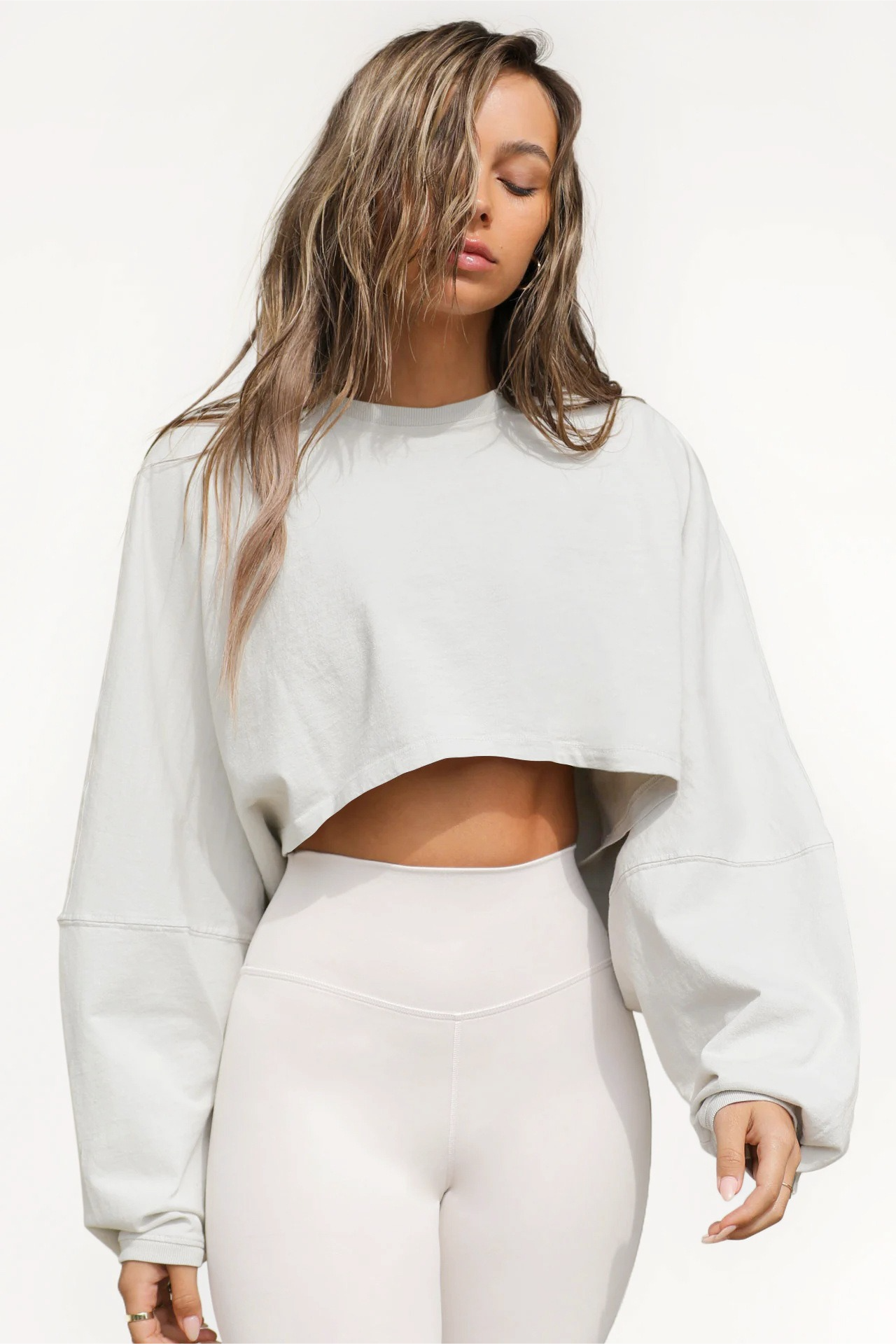 Cropped Crew Neck Knit Long Sleeve Crop Top