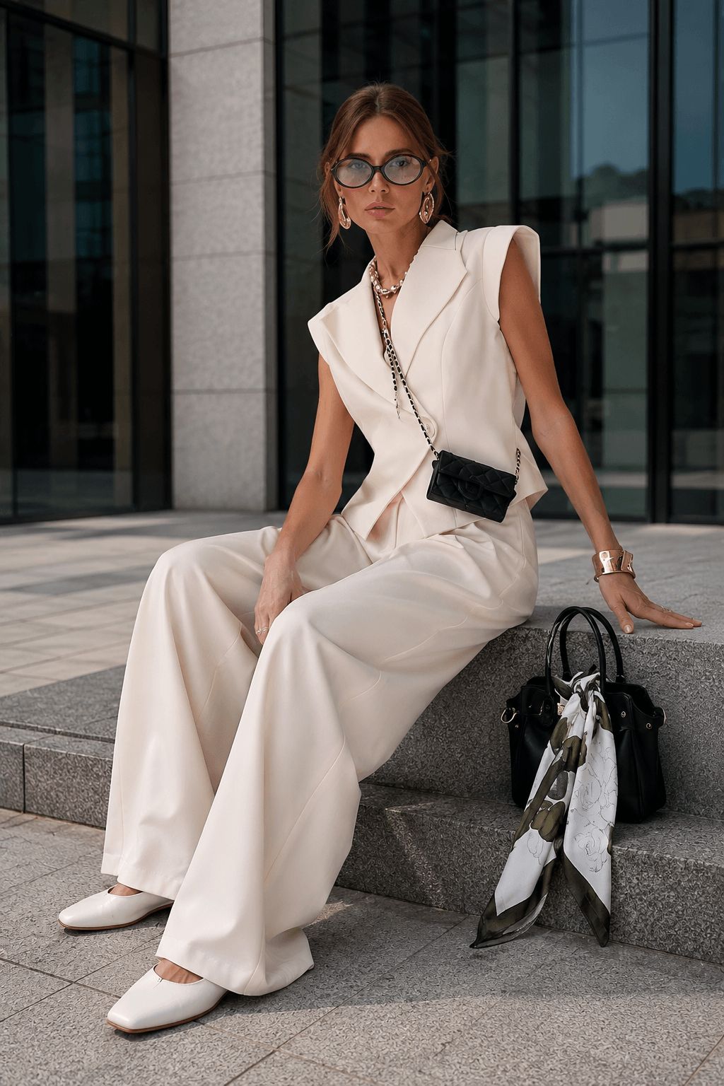 Sleeveless Lapel Two Piece Work Set