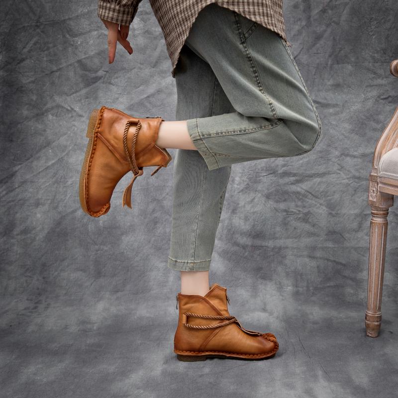 National Style Leather Short Boots For Women Rope Decoration Green/Brown