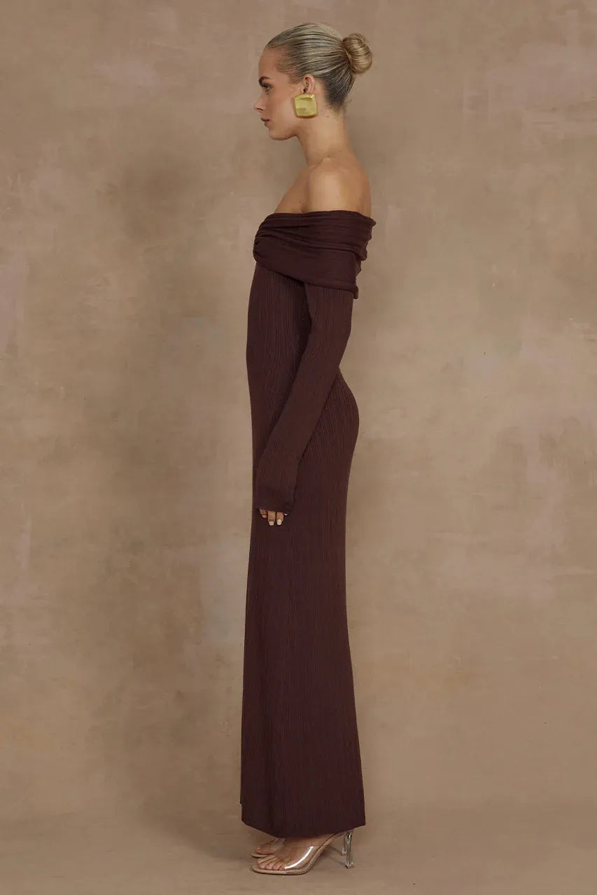 Off Shoulder Long Sleeve Ribbed Knit Twist Front Maxi Dress 5
