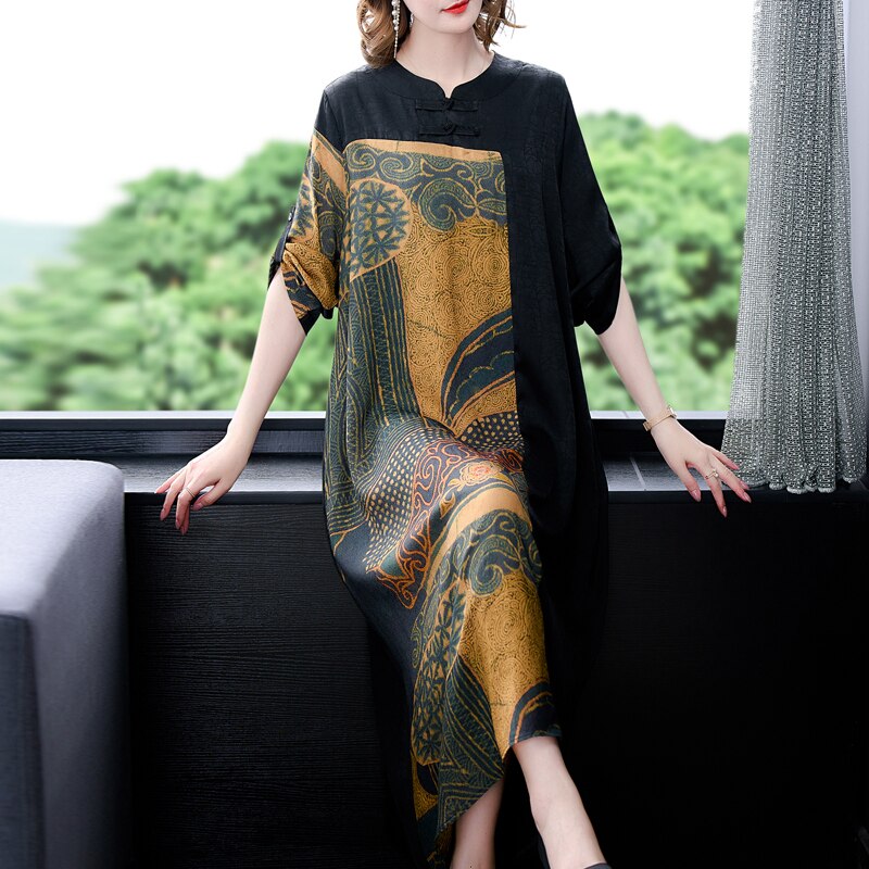 Patchwork Print Mandarin Collar Three-Quarter Sleeve Loose A-Line Midi Dress