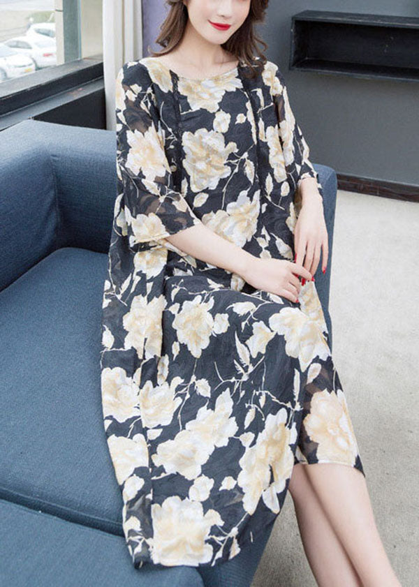Floral Lace Trim Elbow Sleeve Round Neck Shift Midi Dress