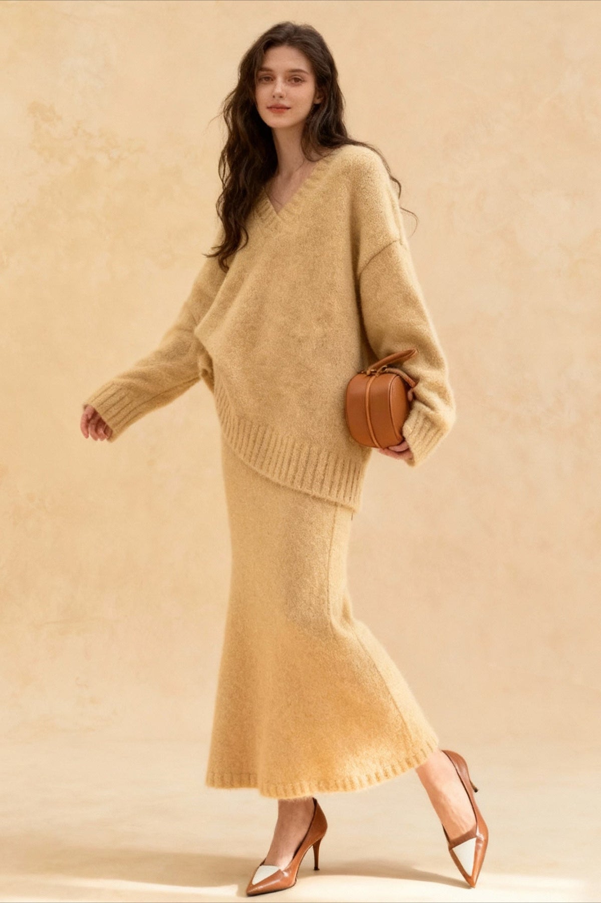 V-Neck Oversized Fuzzy Knit Sweater and Mermaid Midi Skirt Two Piece Set