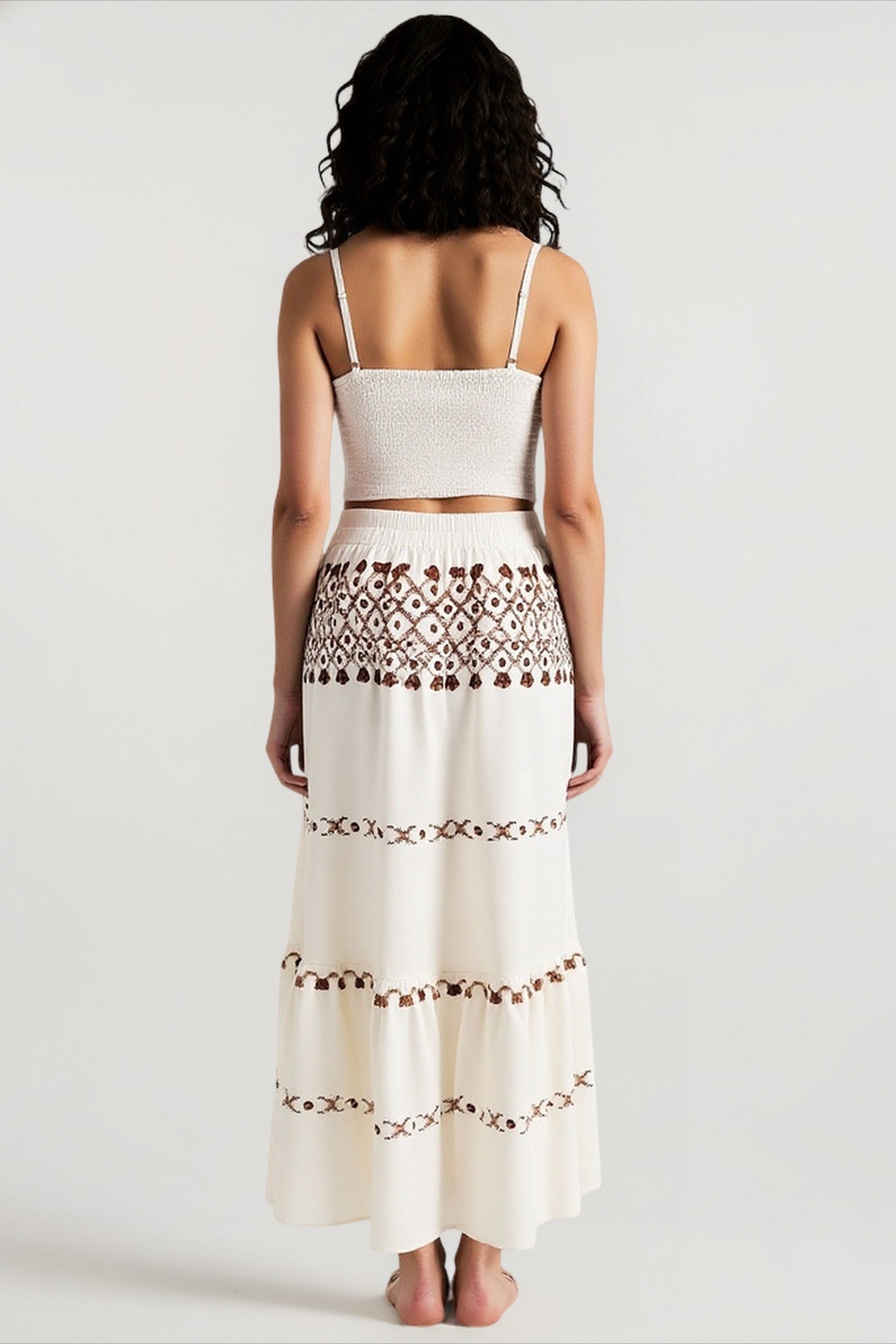 Bohemian Vacation Positioning Printed Beach Suit, Fringed Webbing Suspender Top Skirt Two-piece Set