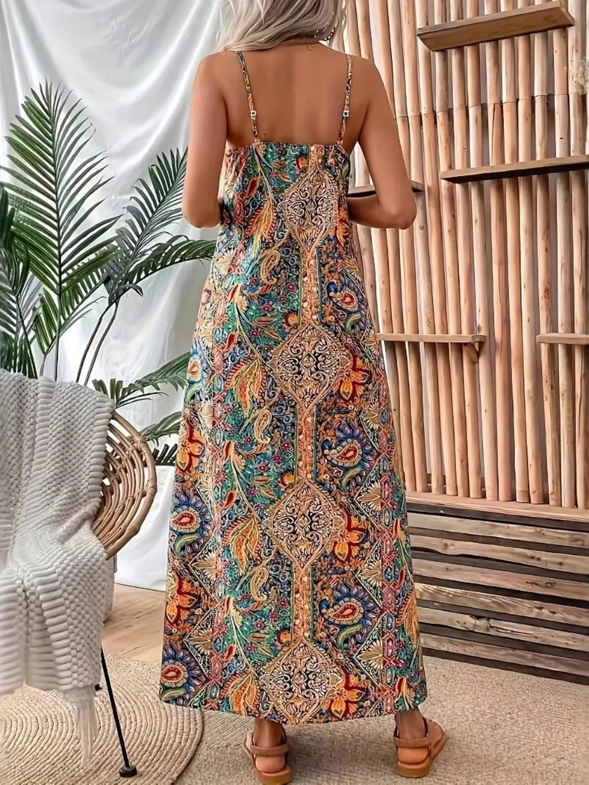 Paisley Print V-Neck Spaghetti Strap Flowy Maxi Dress 3