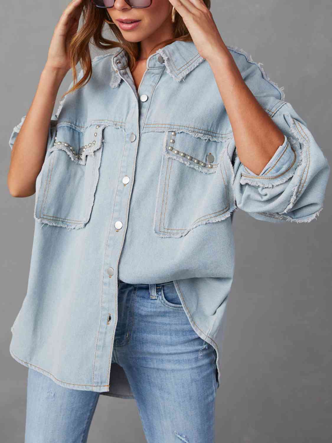 Oversized Raw Hem Button Front Long Sleeve High Low Denim Jacket 6