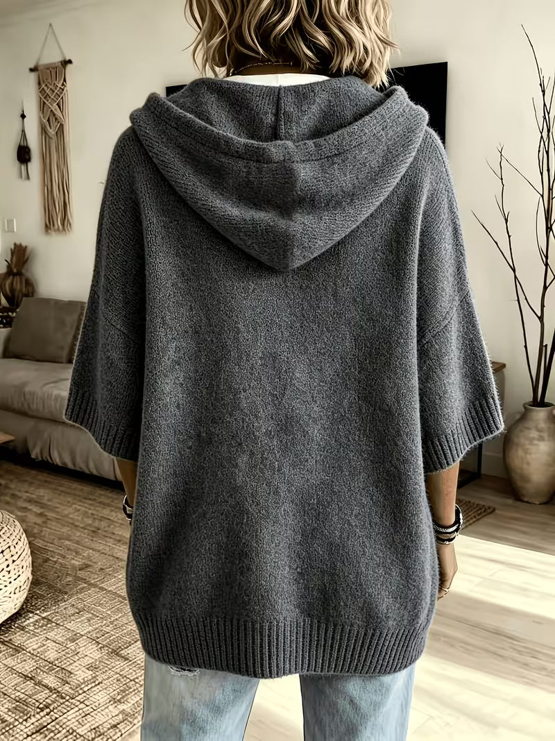 Hooded Drawstring Oversized Knit Poncho Sweater