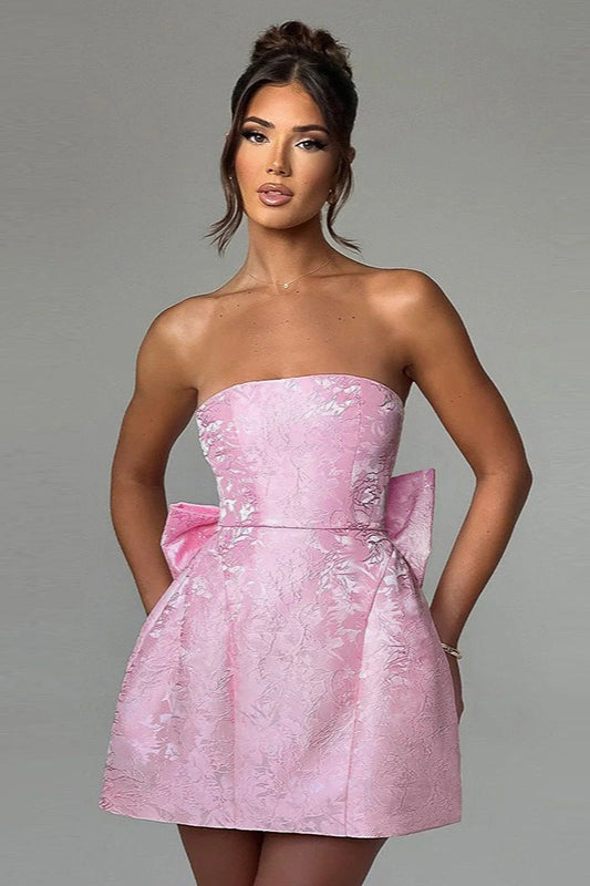 Jacquard Strapless Bow Back Fit and Flare Mini Dress
