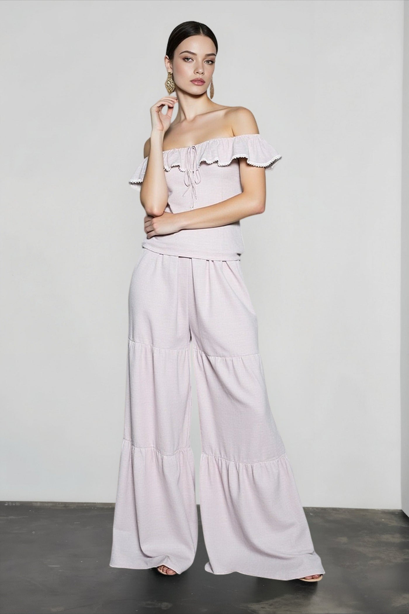 Ruffle Off Shoulder Top Pants Vacation Set