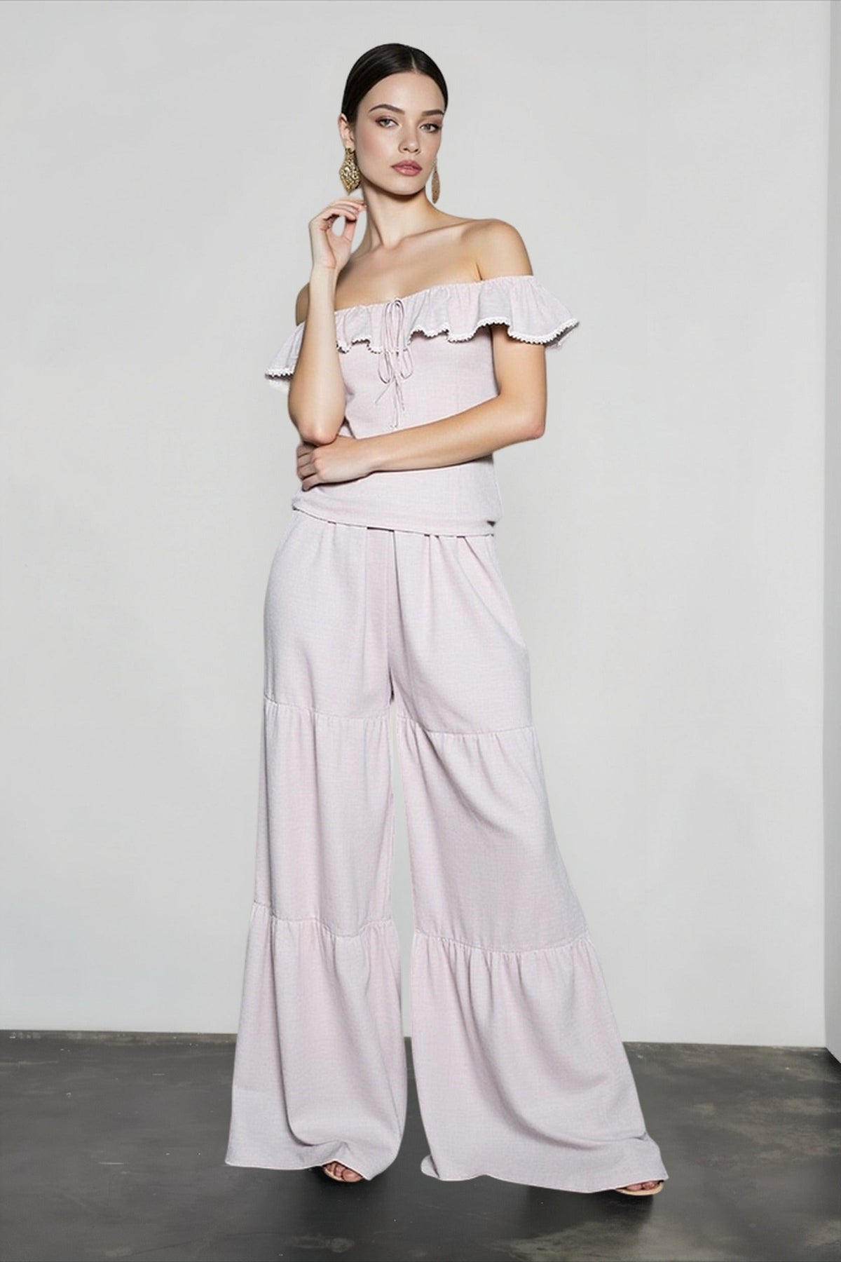 Ruffle Off Shoulder Lace Up Top and Tiered Wide Leg Pants Two Piece Set 2