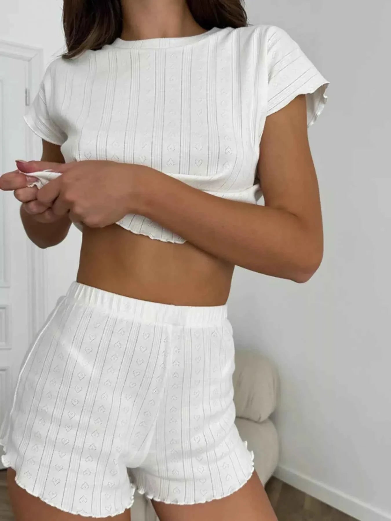 Ribbed Knit Short Sleeve Top and Shorts Lounge Set