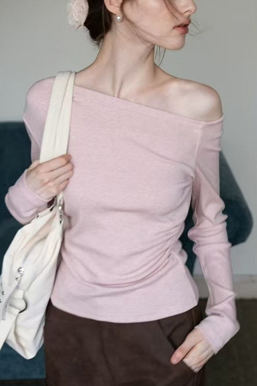 One Shoulder Asymmetric Ribbed Long Sleeve Top