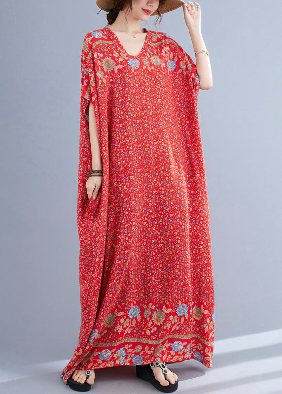 Floral Border Print V-Neck Drop Shoulder Short Sleeve Loose Maxi Dress