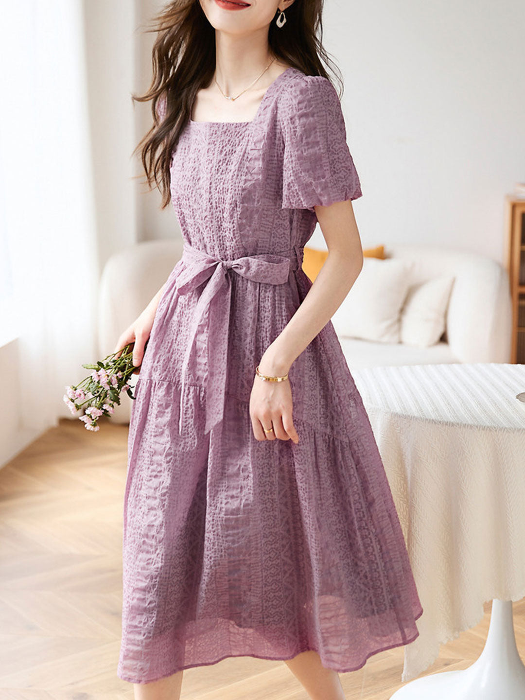 Square Neck Short Sleeve Tie Belt Tiered Crinkle Texture A-Line Midi Dress