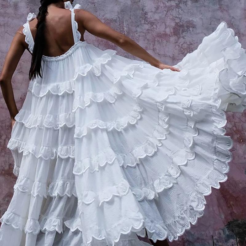 Spaghetti Strap Tiered Ruffle Scallop Embroidered Low Back Maxi Dress