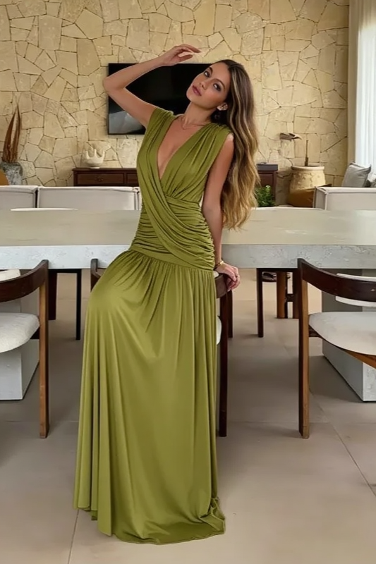 Solid Deep V Ruched Asym Party Dress