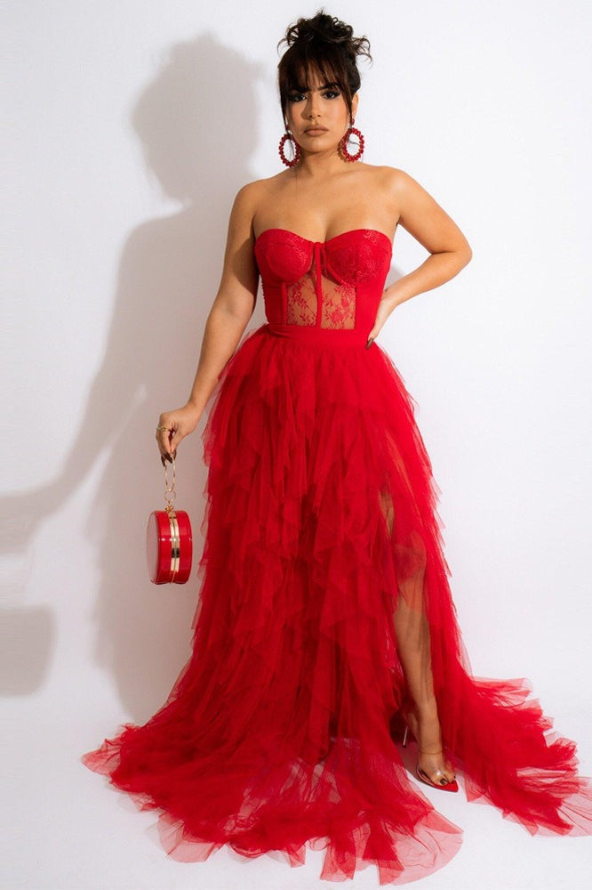 Sheer Lace Bustier Strapless Tulle A-Line Formal Gown