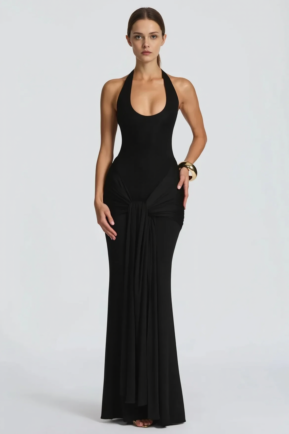 U Neck Halter Sash Panel Bodycon Party Dress