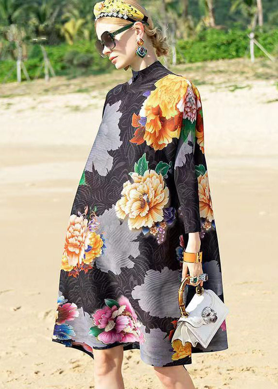 Floral Print Mock Neck Long Sleeve Crinkled Texture A-Line Midi Dress