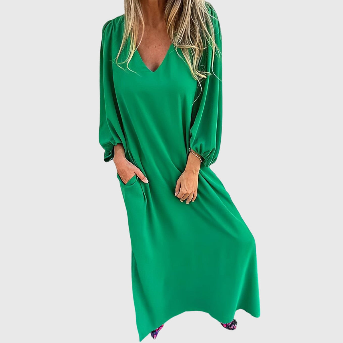 Satin V-Neck Lantern Sleeve Side Split Maxi Dress