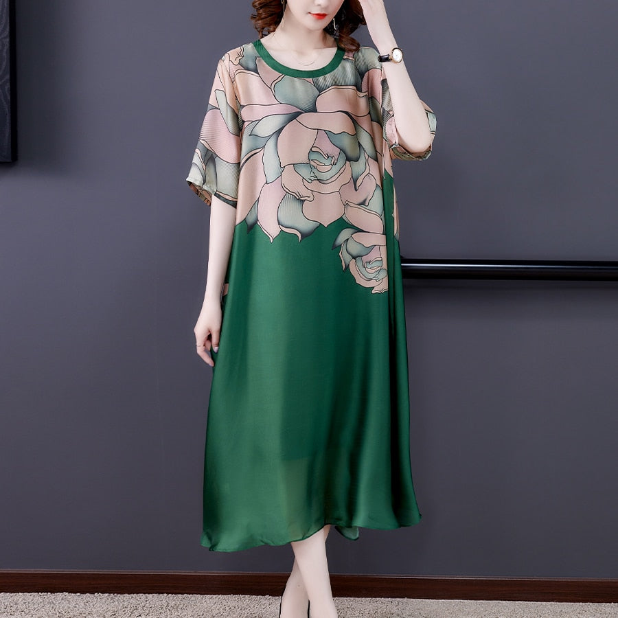 Floral Print Round Neck Short Sleeve Sheer Layered Loose A-Line Midi Dress