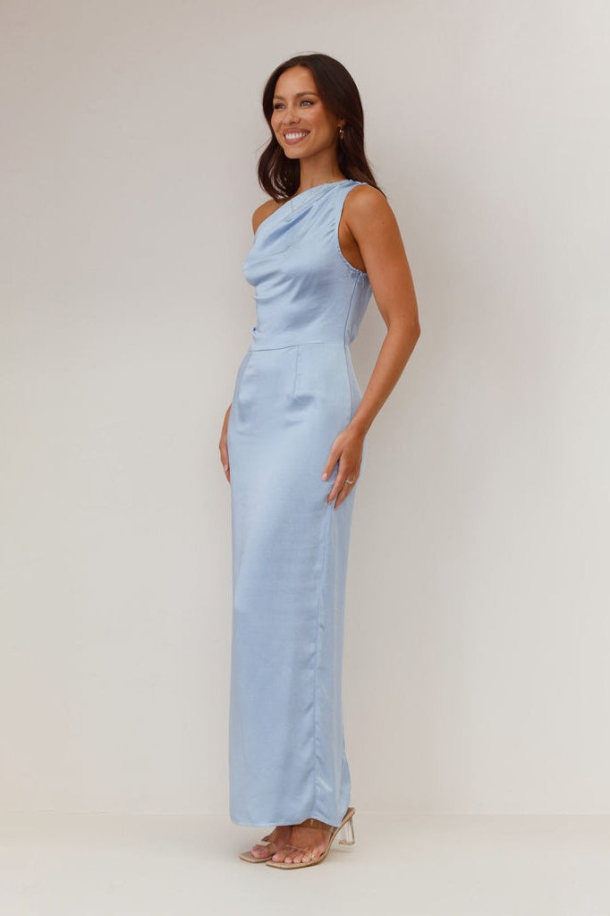 Satin One Shoulder Draped Column Maxi Dress