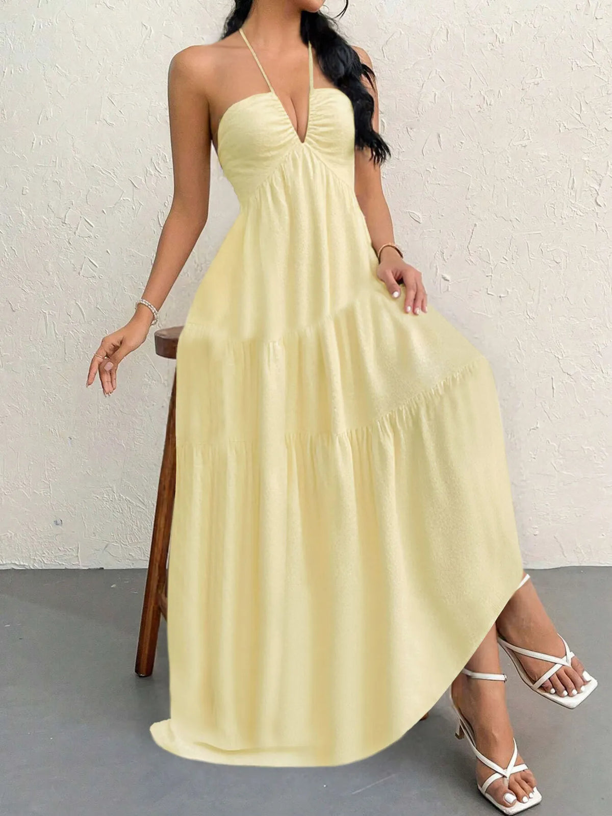 Halter Neck Deep V-Neck Sleeveless Tiered Maxi Dress 8