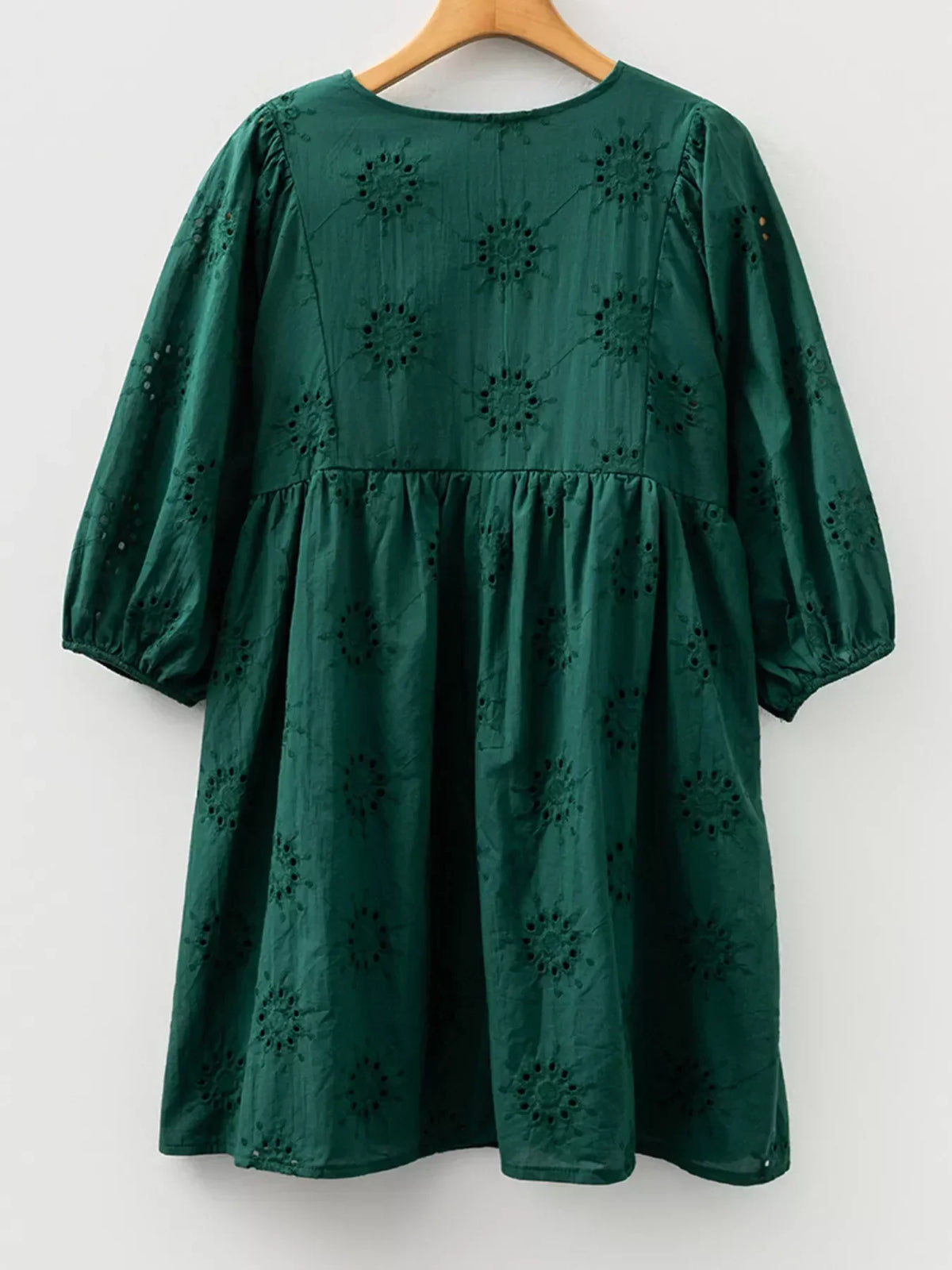 Eyelet Embroidered Tie Neck Puff Sleeve Swing Mini Dress 7