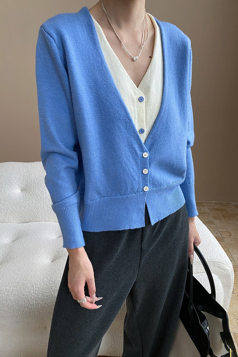 V-Neck Long Sleeve Two Tone Layered Look Button Front Knit Cardigan 16