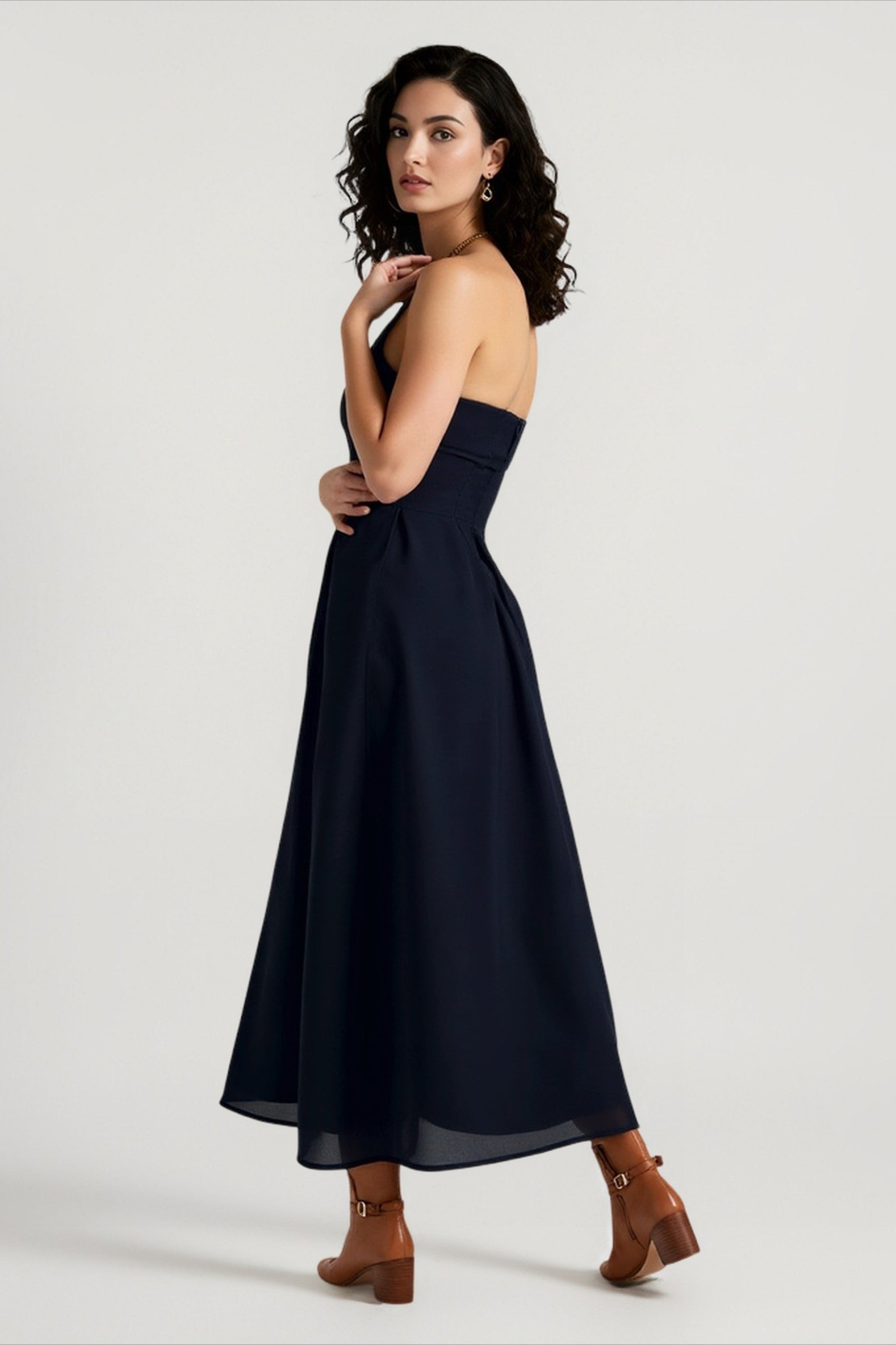 Strapless Fold Over Neck Pleated Fit and Flare Midi Cocktail Dress