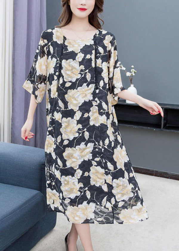Floral Lace Trim Elbow Sleeve Round Neck Shift Midi Dress