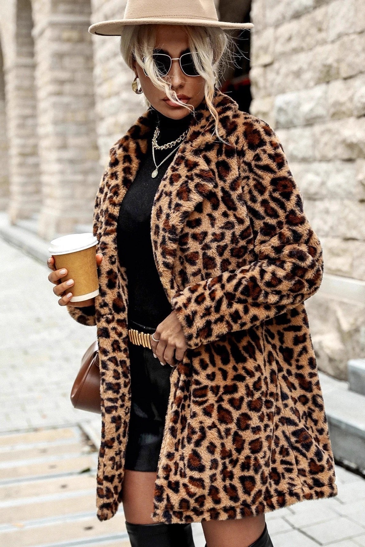 Leopard Print Faux Fur Notch Lapel Longline Coat 2