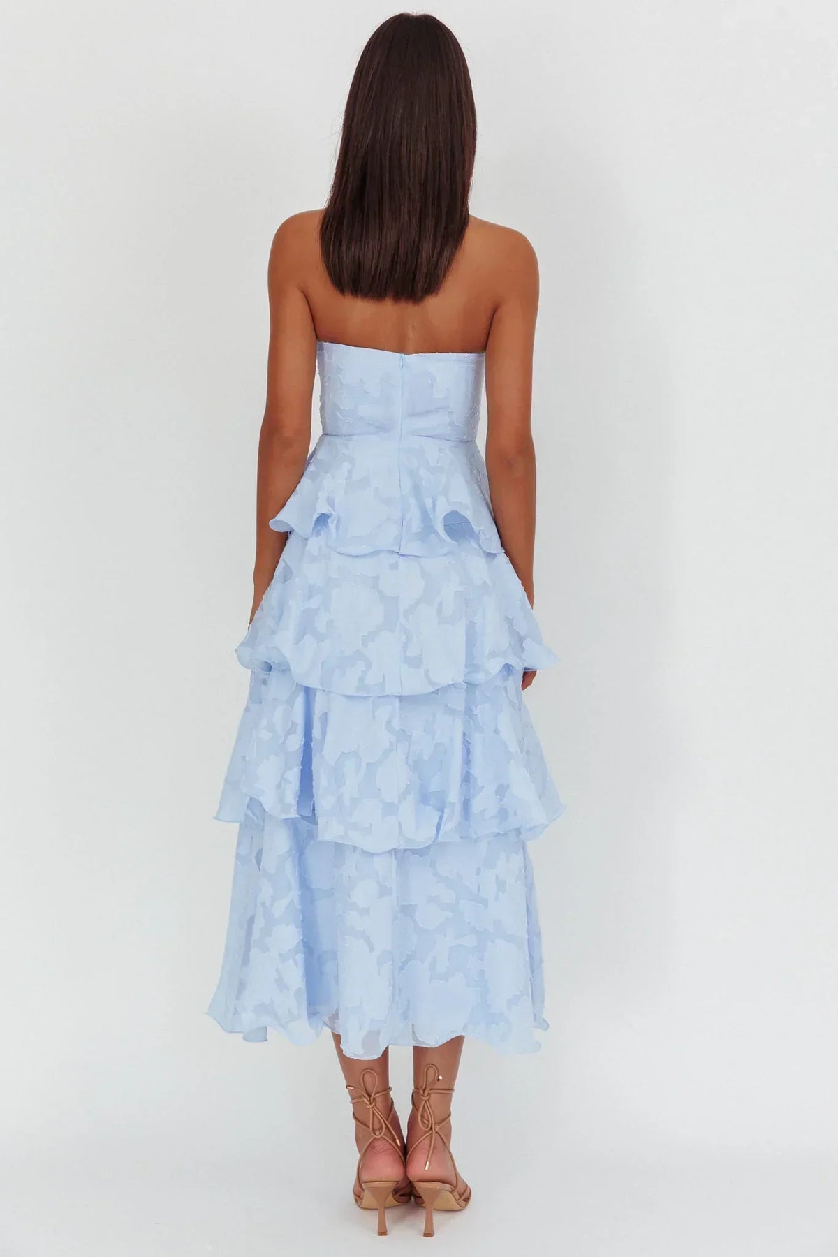 Floral Burnout Strapless Ruched Bodice Tiered Ruffle Midi Dress 2