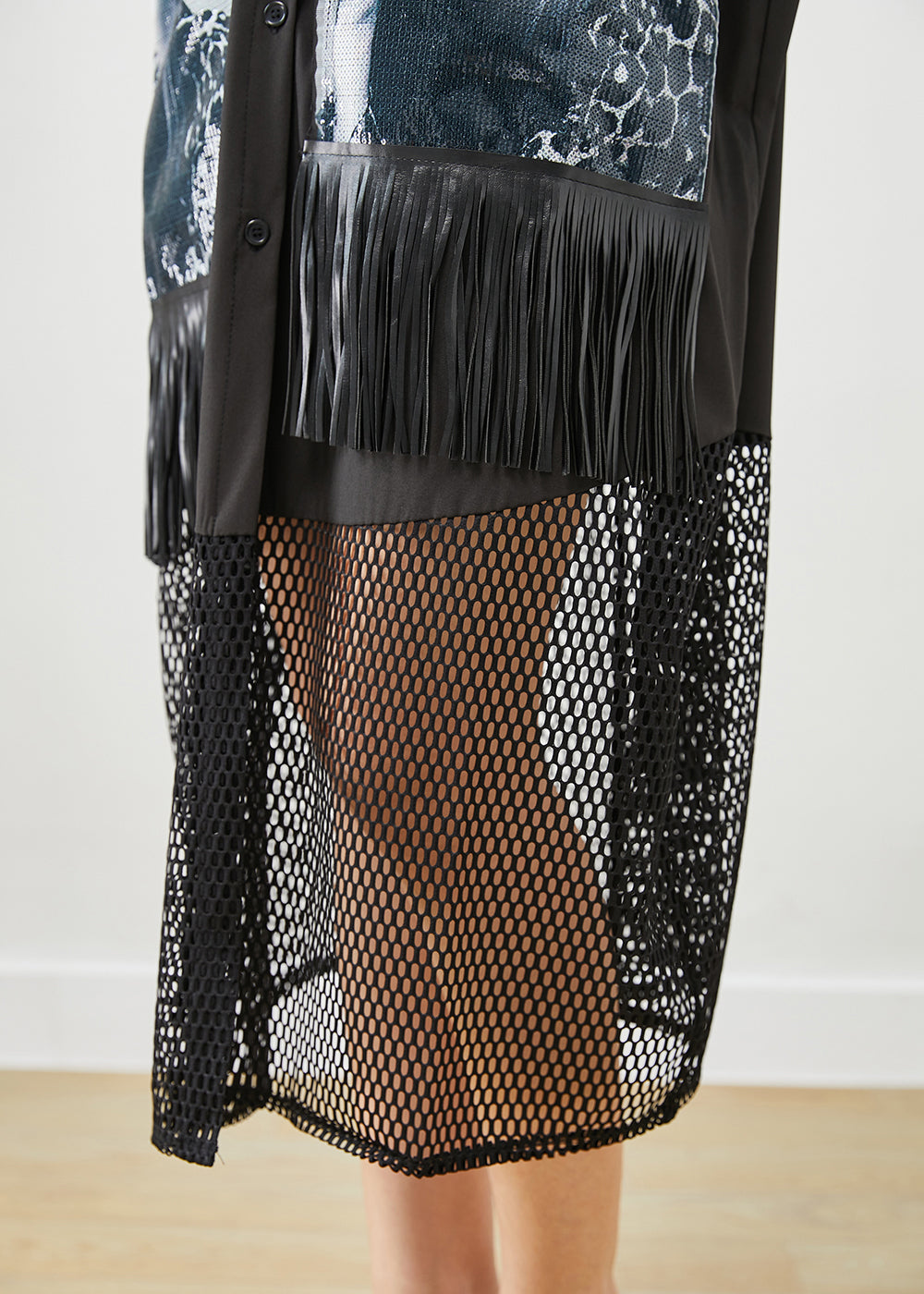 Sequin Sleeve Grommet Strap Graphic Print Fringe Mesh Hem Shirt Dress