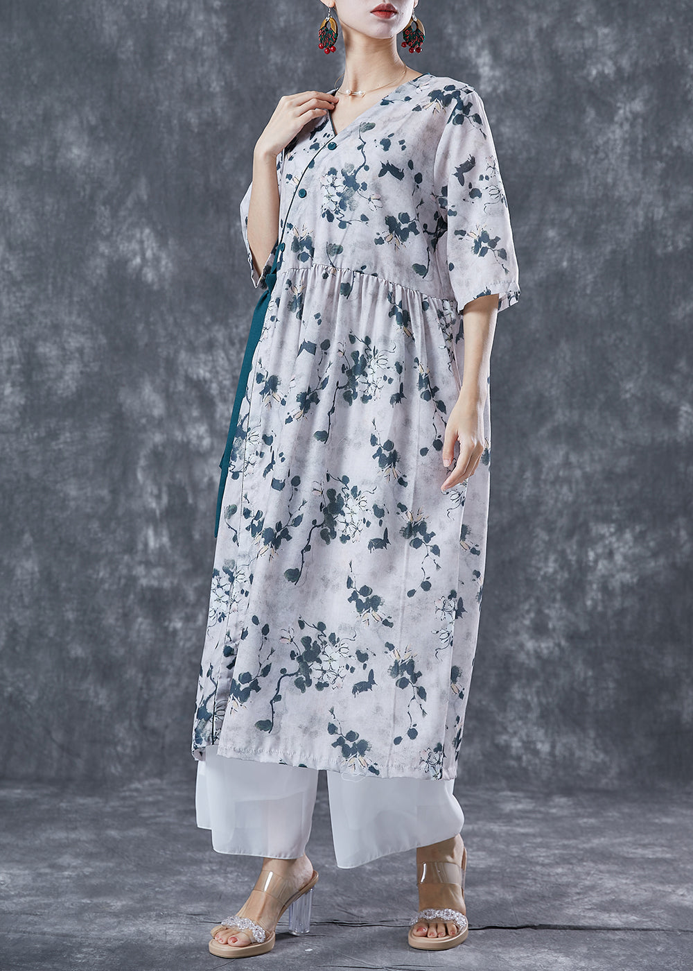 Floral Print V-Neck Wrap Side Tie Three Quarter Sleeve Pocket Midi Dress