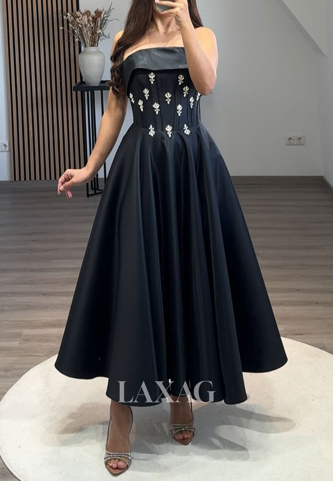 Tube Top Off-Shoulder Sleeveless A-Line Prom Dress Beaded Pleated Satin Midi Evening Gowns