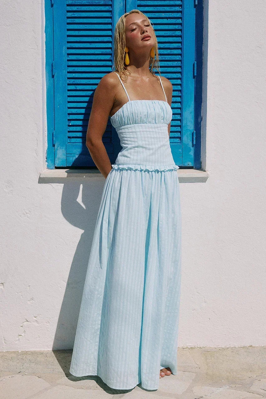 Striped Ruched Bust Spaghetti Strap Drop Waist Ruffle Trim Maxi Dress
