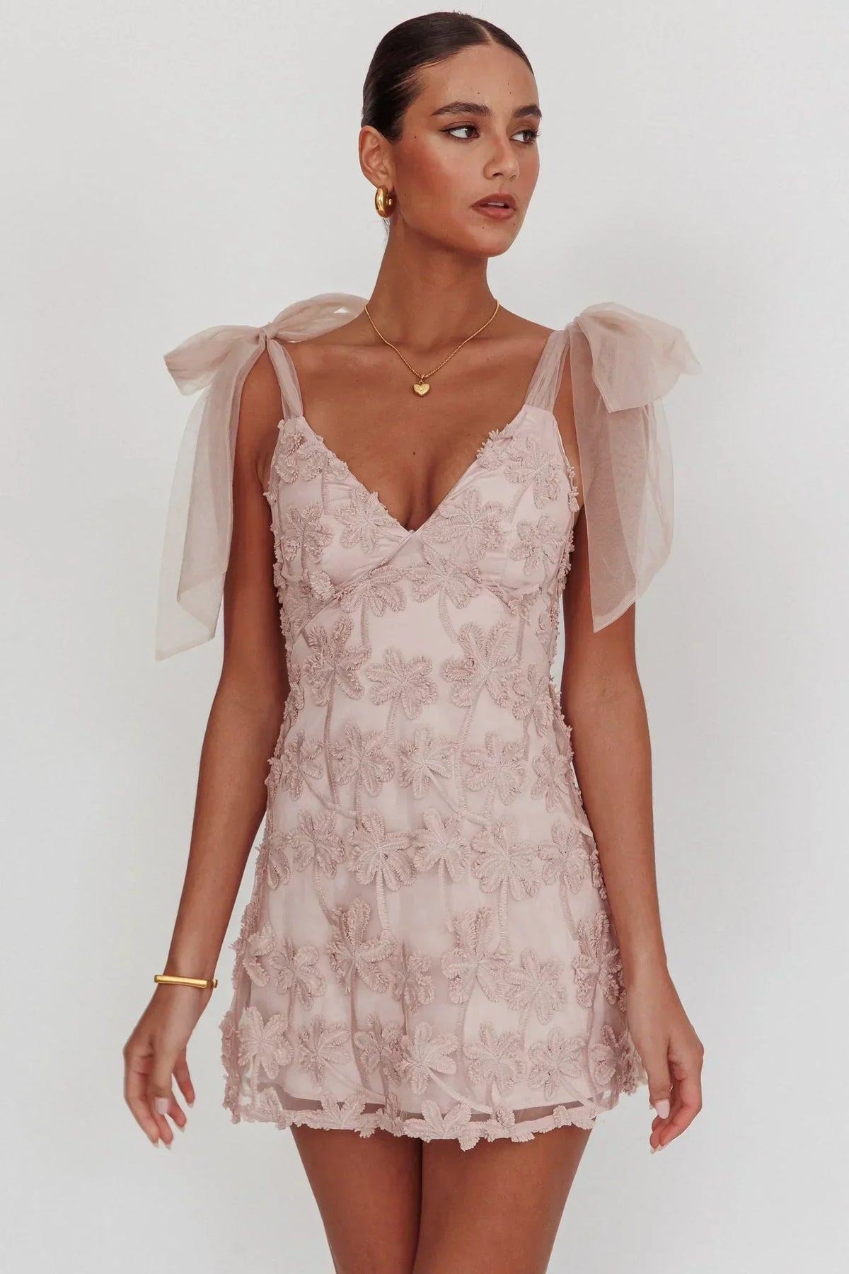 3D Floral Applique Tulle Tie Shoulder V-Neck Mini Dress 6
