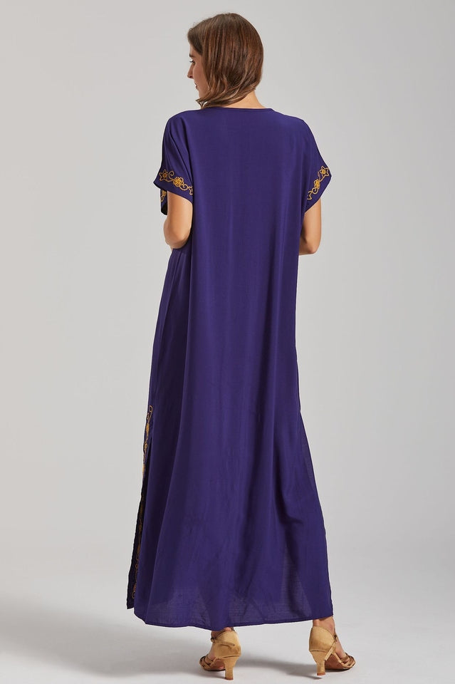 Embroidered V-Neck Short Sleeve Kaftan Maxi Dress 15