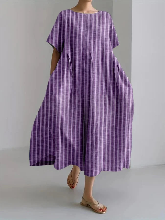 Striped Round Neck Short Sleeve Pocket A-Line Midi Dress Summer