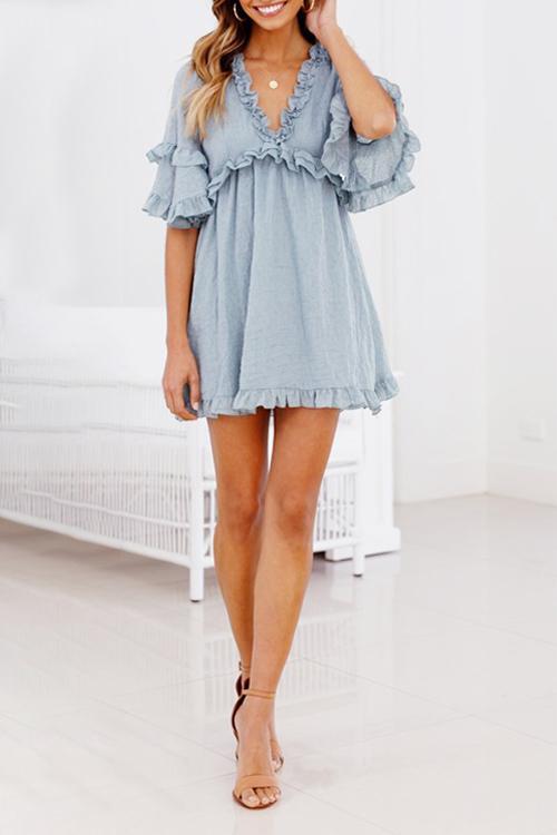 Ruffled Lace-up V-neck Dress