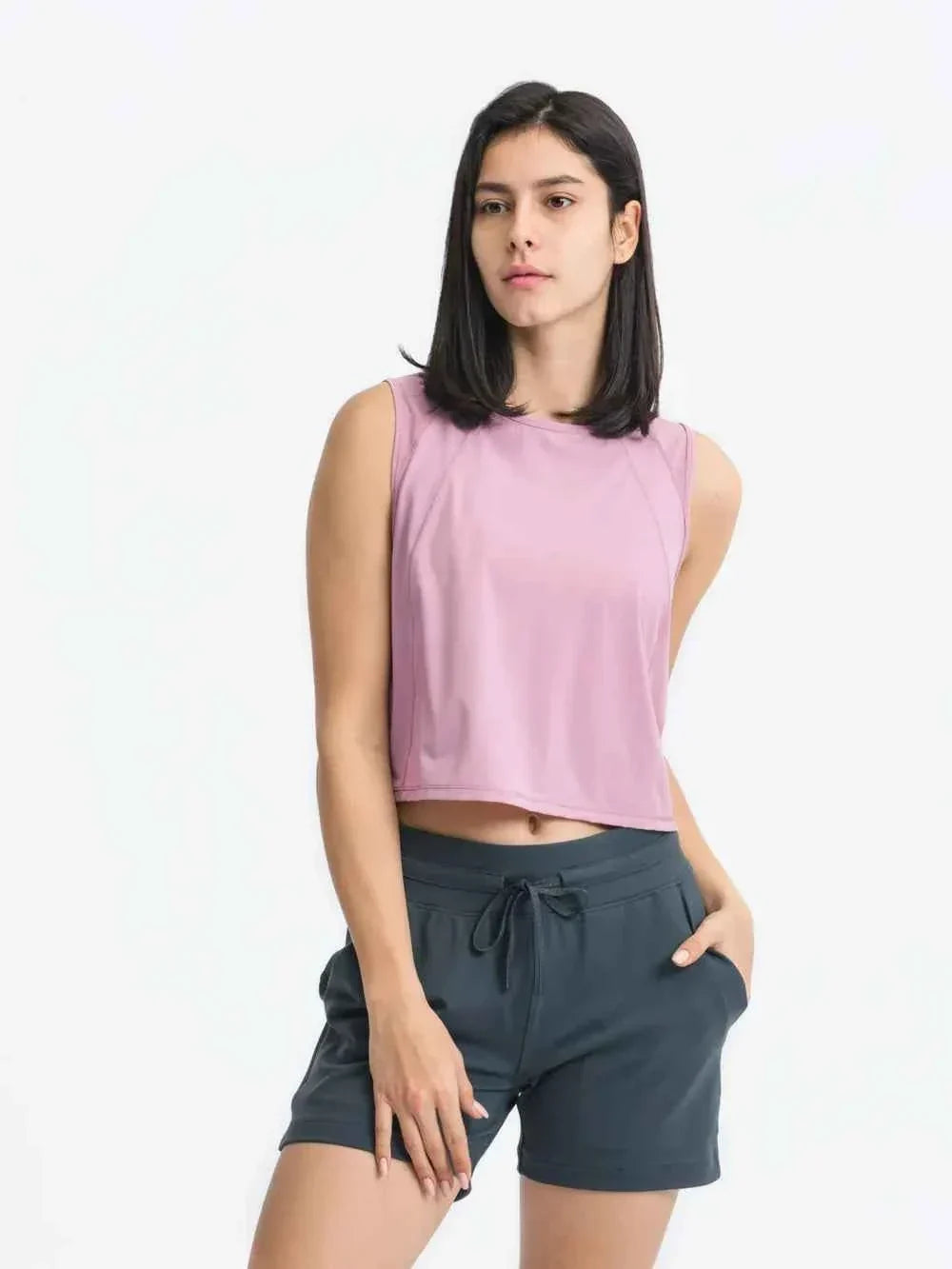 Round Neck Sleeveless Seam Detail Cropped Active Tank Top 7