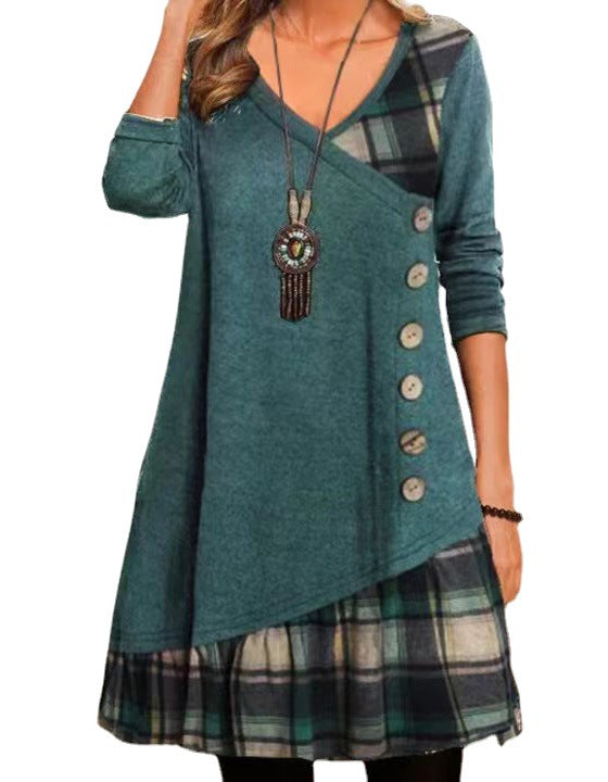 Plaid Patchwork V-Neck Long Sleeve Button Front Tunic Dress 3