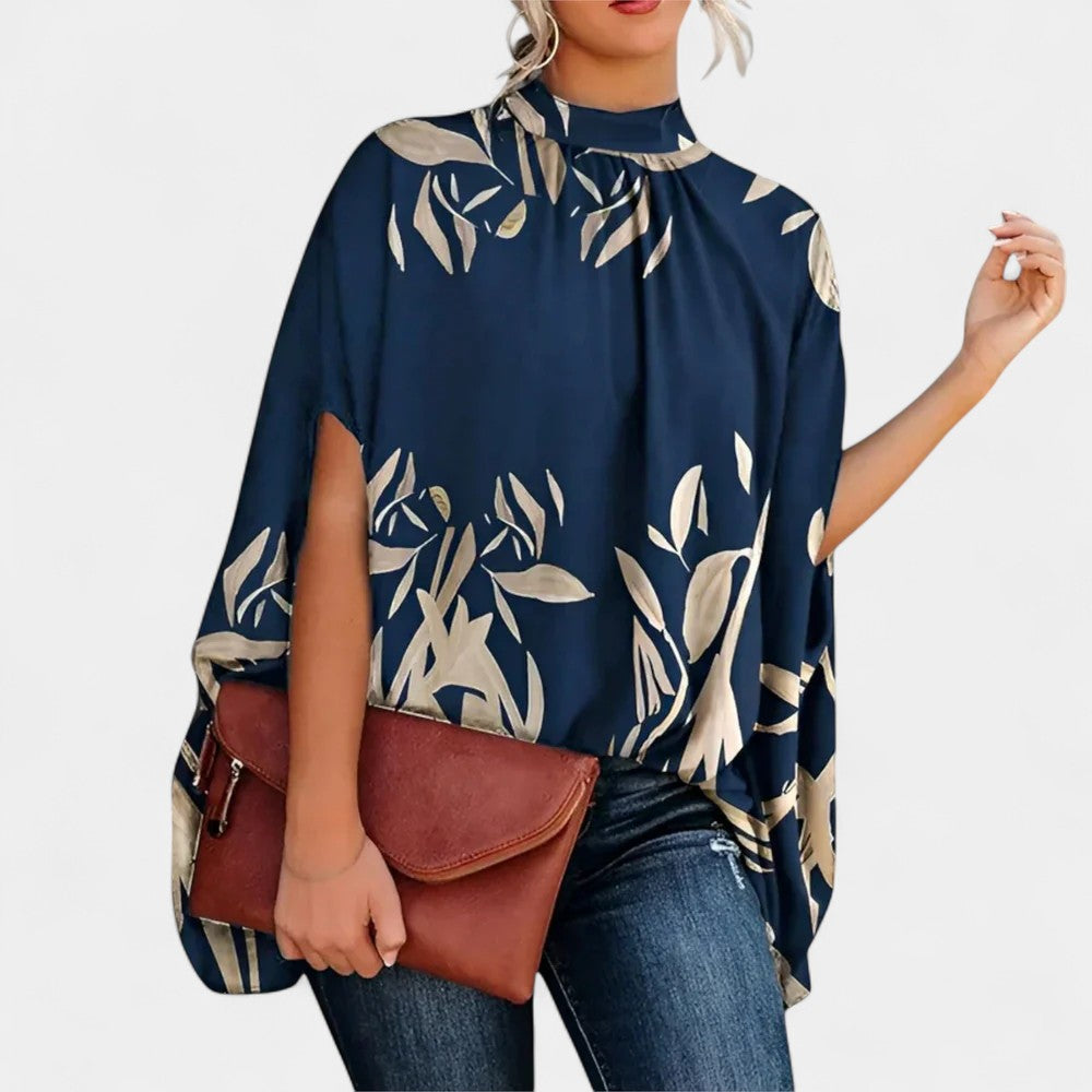 Abstract Face Print Mock Neck Batwing Sleeve Blouse 2