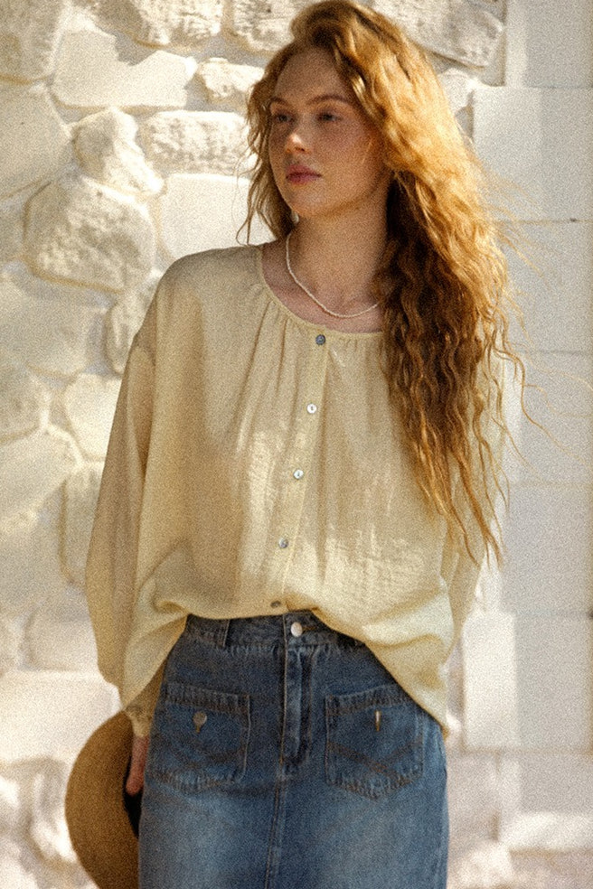 Round Neck Lantern Sleeve Button Front Loose Blouse 10