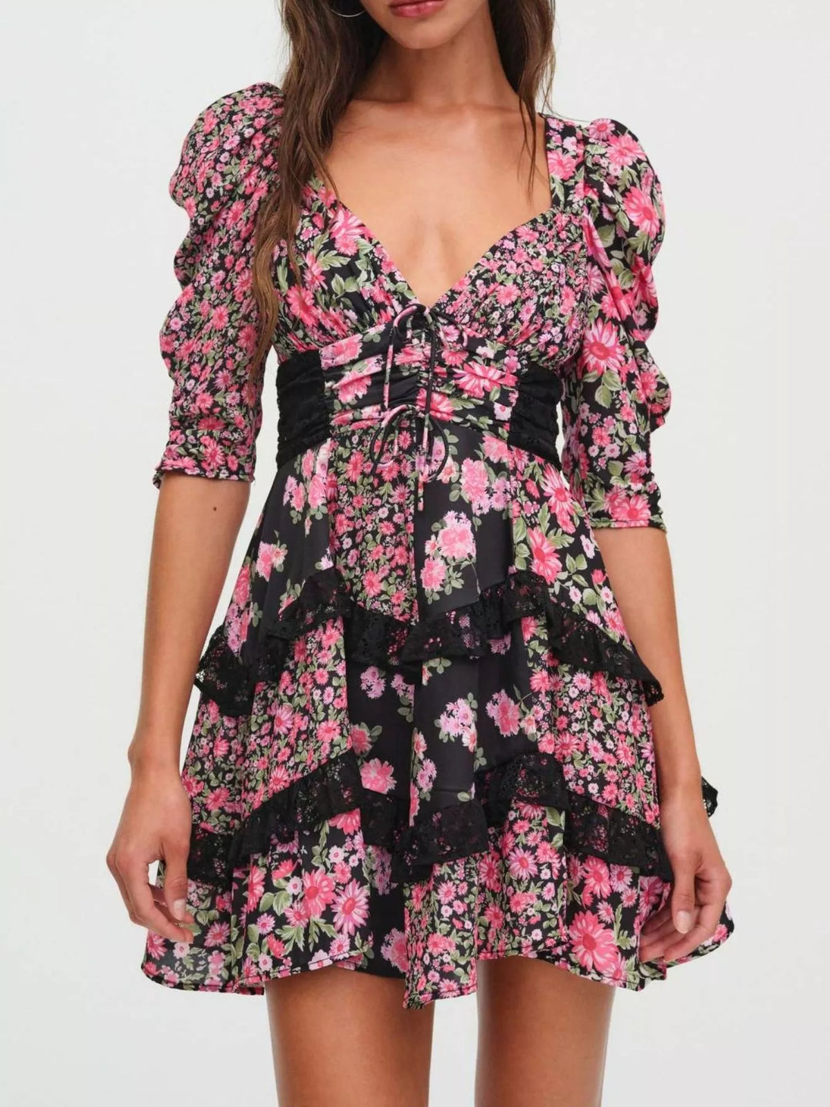 Floral Print Lace Trim Corset Waist Puff Sleeve Tiered Mini Dress