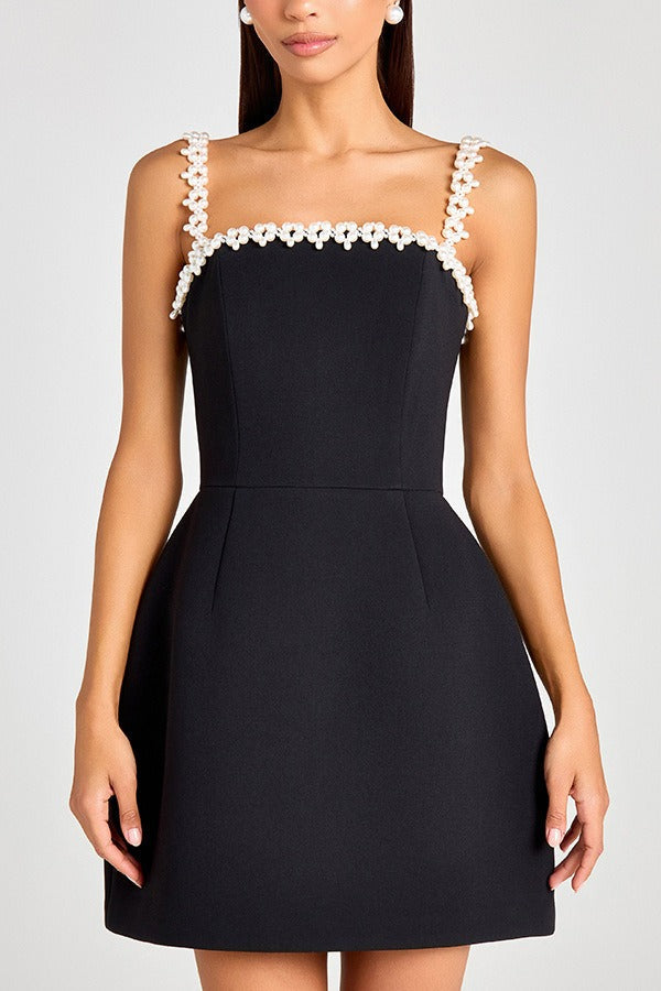 Beaded Trim Square Neck Spaghetti Strap A-Line Pocket Cocktail Mini Dress
