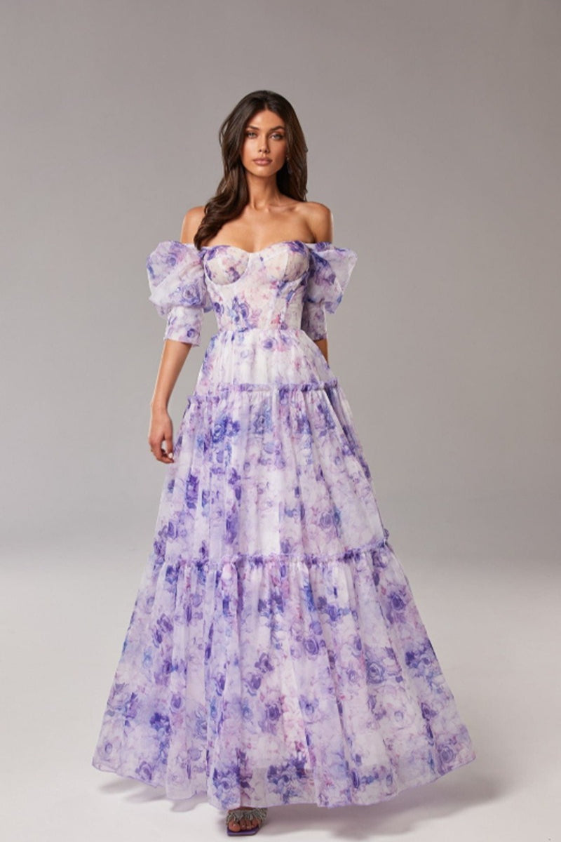 Floral Off Shoulder Puff Sleeve Sweetheart Tiered Maxi Dress