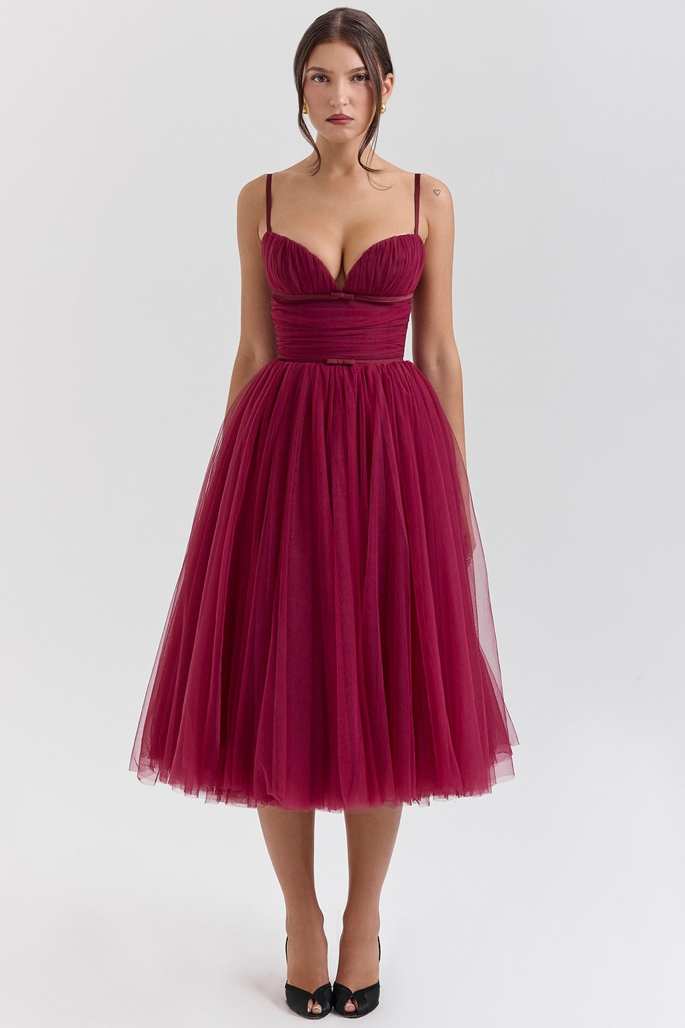 Tulle Sweetheart Spaghetti Strap Corset Fit and Flare Midi Dress